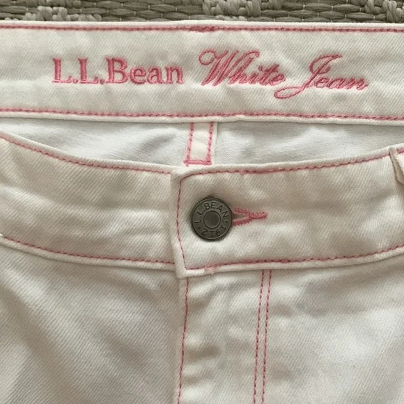 L.L. Bean White Jeans: Pink Stitching accents, Ribbon belt, Bootcut & Wider Leg - Picture 3 of 12